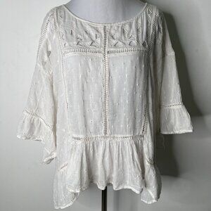 Free People Women's White 3/4 Sleeve Perforated Ruffle Blouse Size Medium